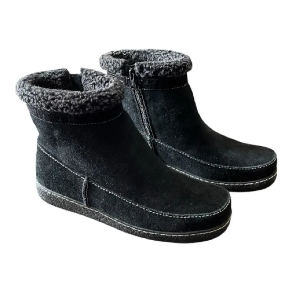 Lands' End Black Suede Fleece Lined Winter Ankle Boots with Zipper Size 10 B